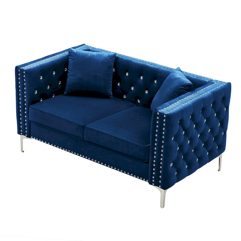 Aksamitna sofa dwuosobowa z prostymi podłokietnikami, ozdobnymi guzikami z kryształkami i 2 poduszkami