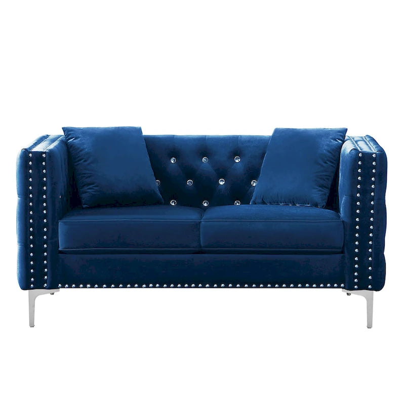 Aksamitna sofa dwuosobowa z prostymi podłokietnikami, ozdobnymi guzikami z kryształkami i 2 poduszkami