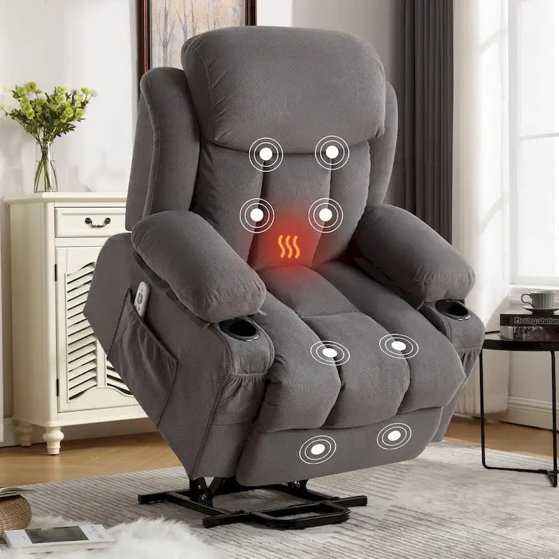 Grey Electric Power Lift Recliner Chair with Heating, Massage, USB Port, and Side Pockets, Equipped with Remote Control