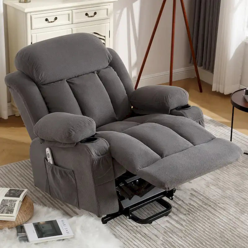 Grauer elektrischer Aufstehsessel mit Wärmefunktion, Massage, USB-Anschluss und Seitentaschen, mit Fernbedienung