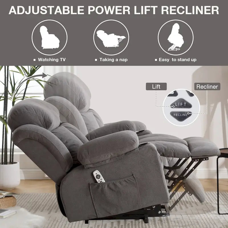 Grauer elektrischer Aufstehsessel mit Wärmefunktion, Massage, USB-Anschluss und Seitentaschen, mit Fernbedienung