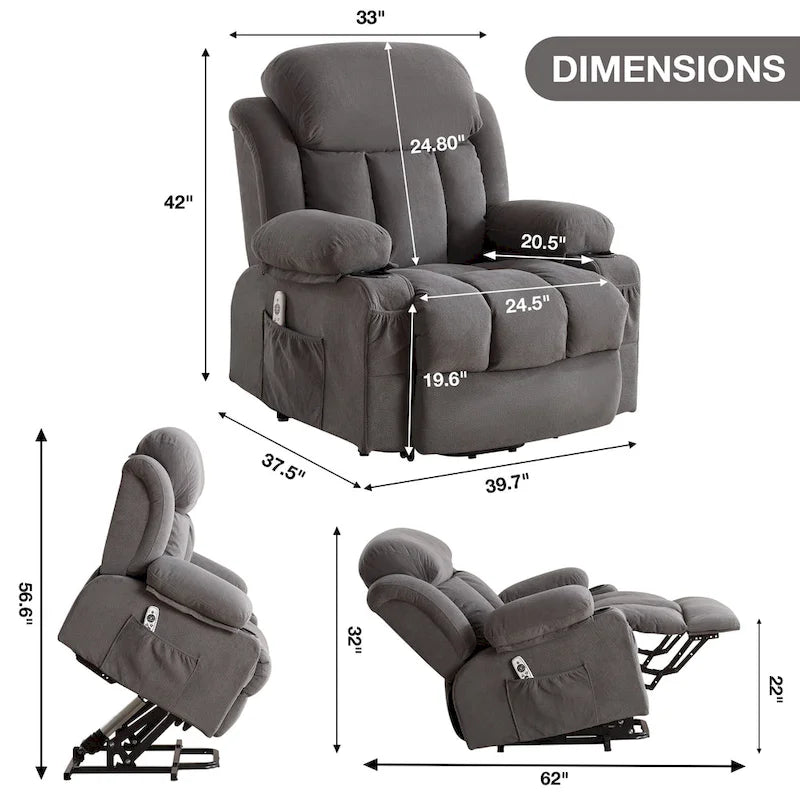 Grauer elektrischer Aufstehsessel mit Wärmefunktion, Massage, USB-Anschluss und Seitentaschen, mit Fernbedienung