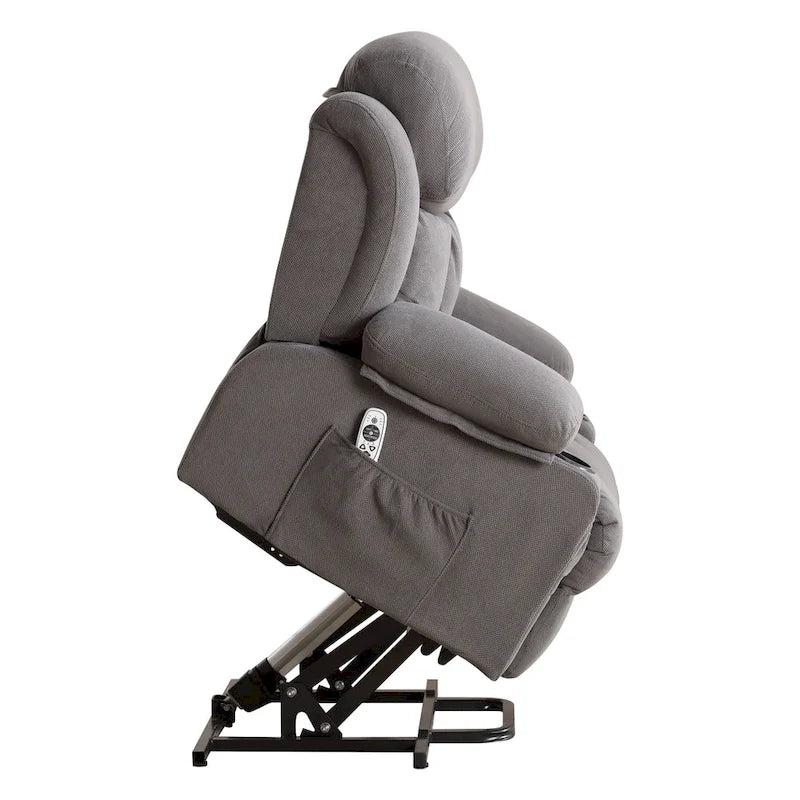 Grauer elektrischer Aufstehsessel mit Wärmefunktion, Massage, USB-Anschluss und Seitentaschen, mit Fernbedienung