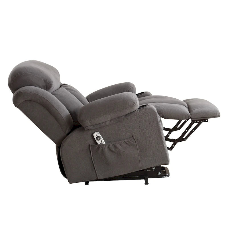 Grauer elektrischer Aufstehsessel mit Wärmefunktion, Massage, USB-Anschluss und Seitentaschen, mit Fernbedienung