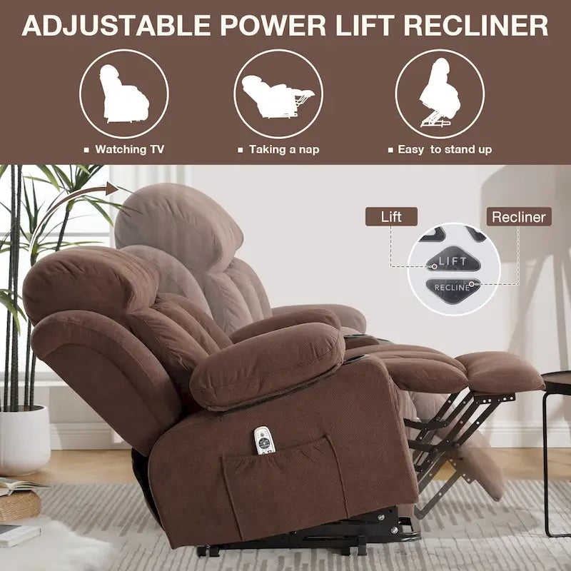 Grauer elektrischer Aufstehsessel mit Wärmefunktion, Massage, USB-Anschluss und Seitentaschen, mit Fernbedienung