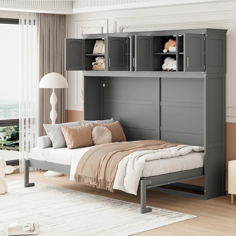 Szare wielofunkcyjne łóżko chowane typu Murphy dla materaca Queen z górnymi szafkami