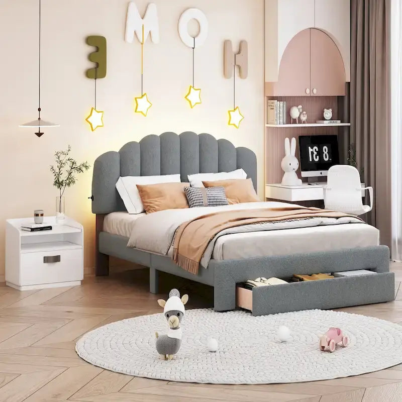 Tapicerowane łóżko platformowe Teddy Fleece w rozmiarze Queen z szufladą