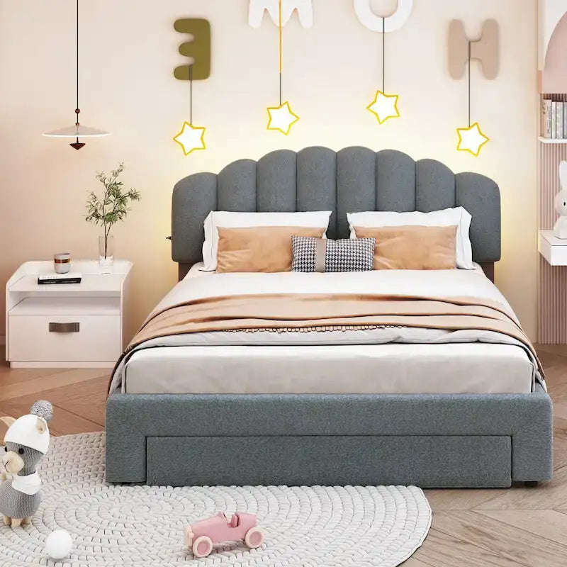 Tapicerowane łóżko platformowe Teddy Fleece w rozmiarze Queen z szufladą