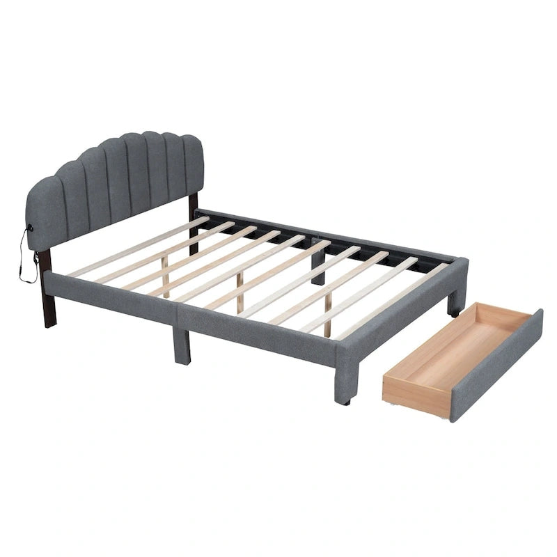 Teddy Fleece Queen Size Upholstered Platform Bed with Drawer