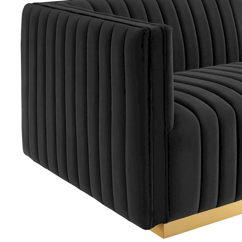 Fauteuil à accoudoir gauche en velours haute performance capitonné en bandes