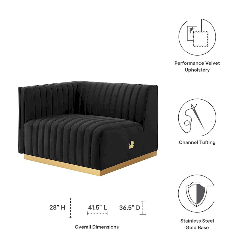Fauteuil à accoudoir gauche en velours haute performance capitonné en bandes