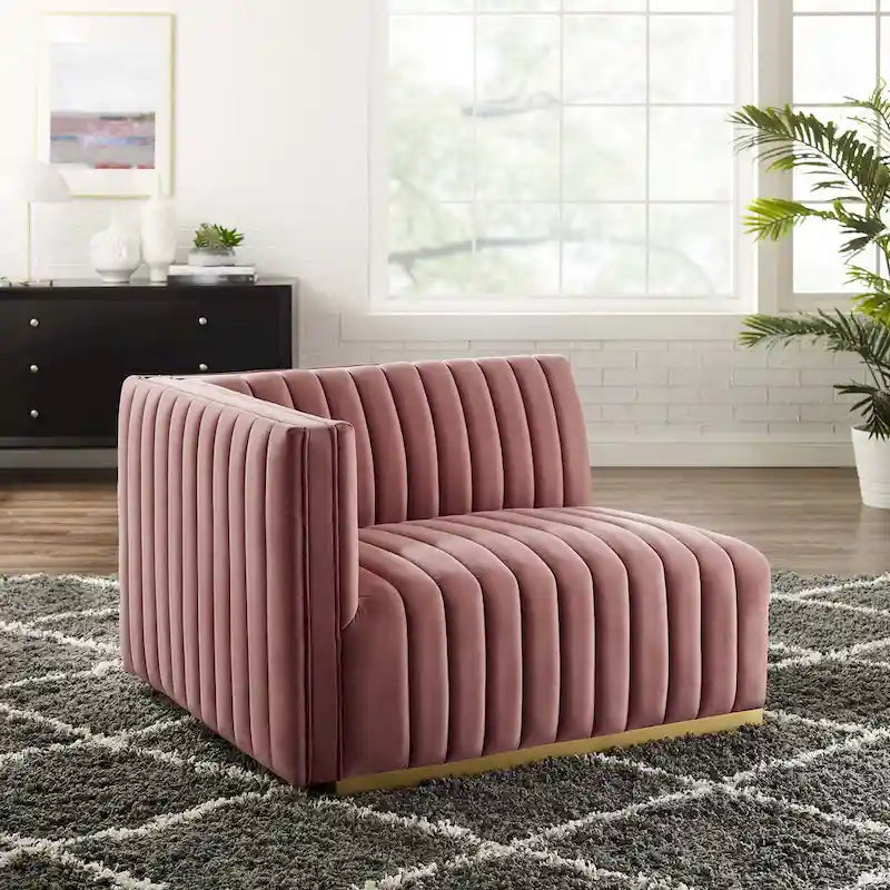 Fauteuil à accoudoir gauche en velours haute performance capitonné en bandes