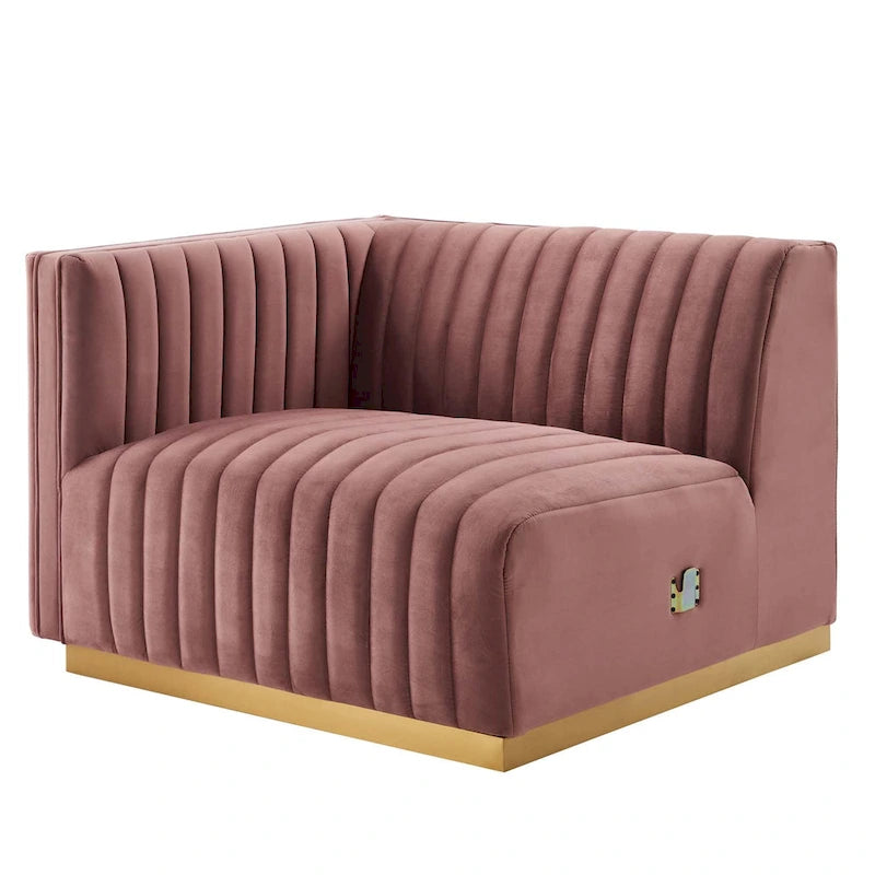 Fauteuil à accoudoir gauche en velours haute performance capitonné en bandes