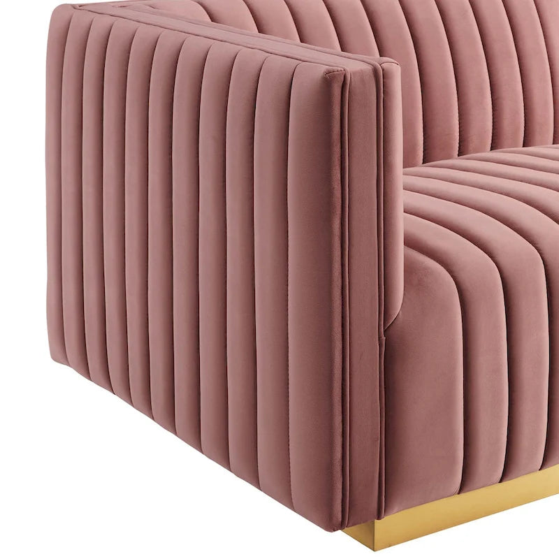 Fauteuil à accoudoir gauche en velours haute performance capitonné en bandes