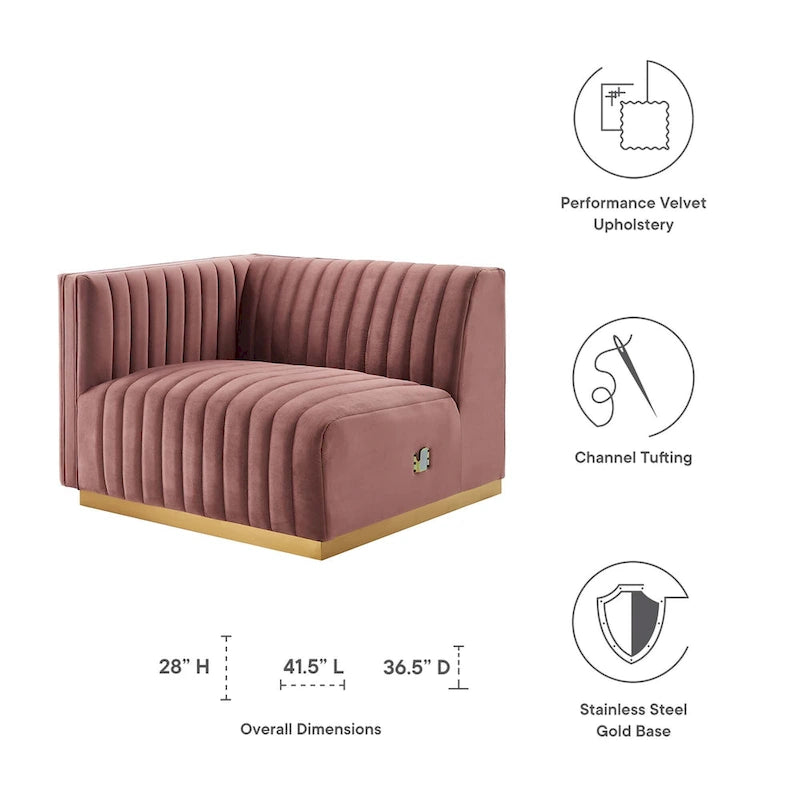 Fauteuil à accoudoir gauche en velours haute performance capitonné en bandes