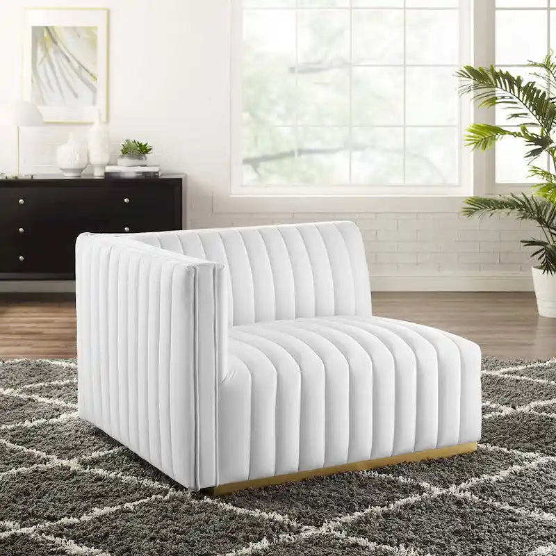 Fauteuil à accoudoir gauche en velours haute performance capitonné en bandes
