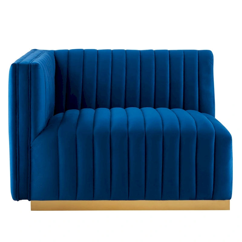 Fauteuil à accoudoir gauche en velours haute performance capitonné en bandes