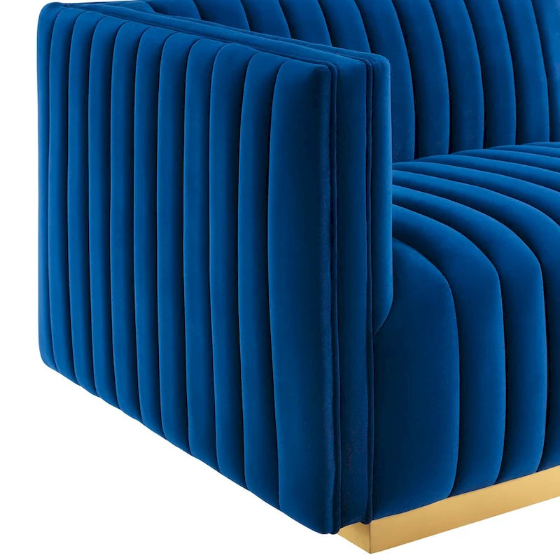 Fauteuil à accoudoir gauche en velours haute performance capitonné en bandes
