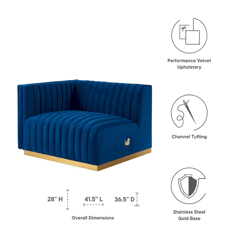 Fauteuil à accoudoir gauche en velours haute performance capitonné en bandes