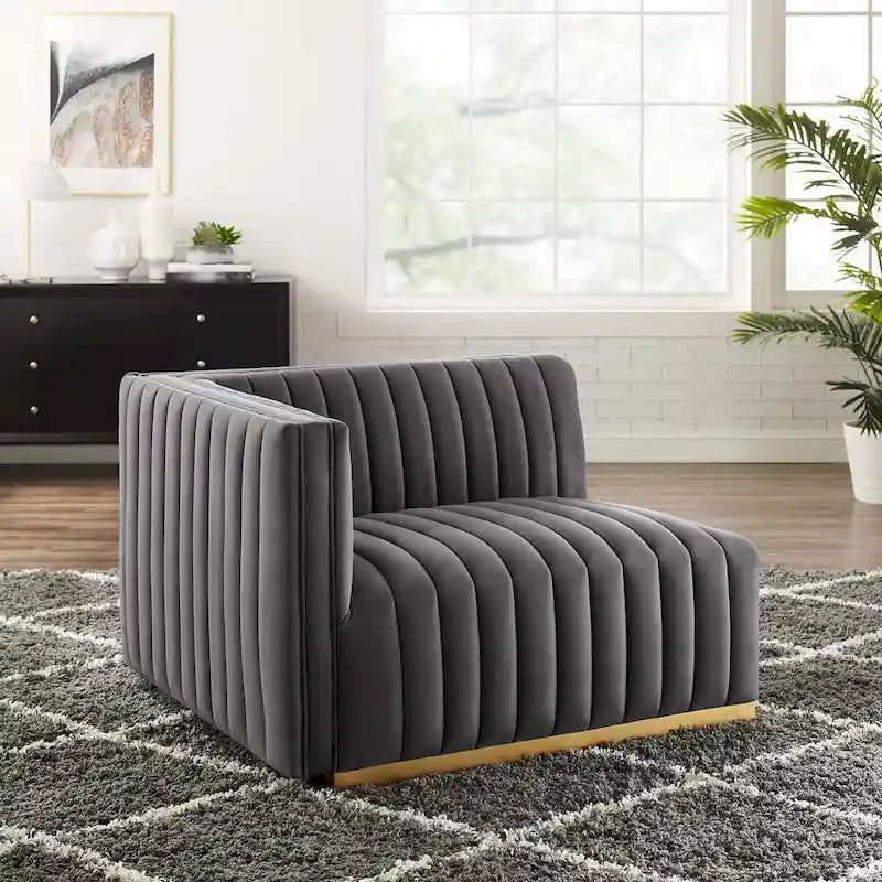 Fauteuil à accoudoir gauche en velours haute performance capitonné en bandes