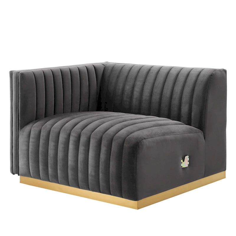 Fauteuil à accoudoir gauche en velours haute performance capitonné en bandes