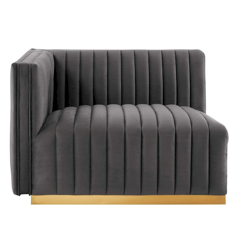 Fauteuil à accoudoir gauche en velours haute performance capitonné en bandes