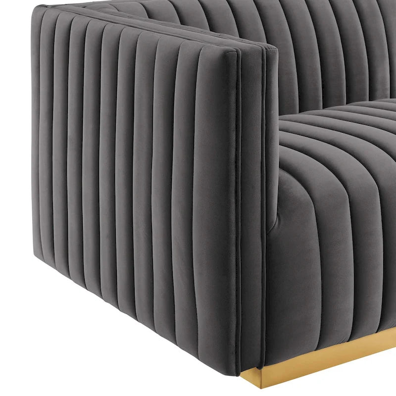 Fauteuil à accoudoir gauche en velours haute performance capitonné en bandes