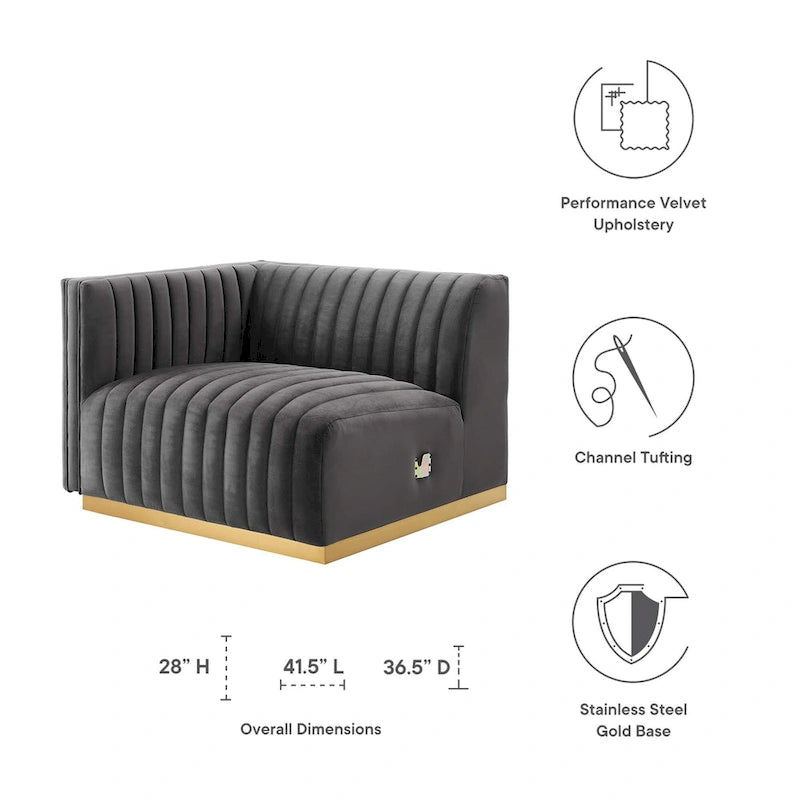 Fauteuil à accoudoir gauche en velours haute performance capitonné en bandes