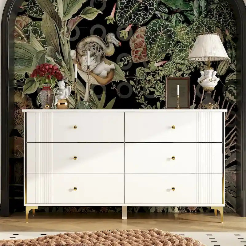 Commode blanche moderne à 6 tiroirs avec poignées dorées