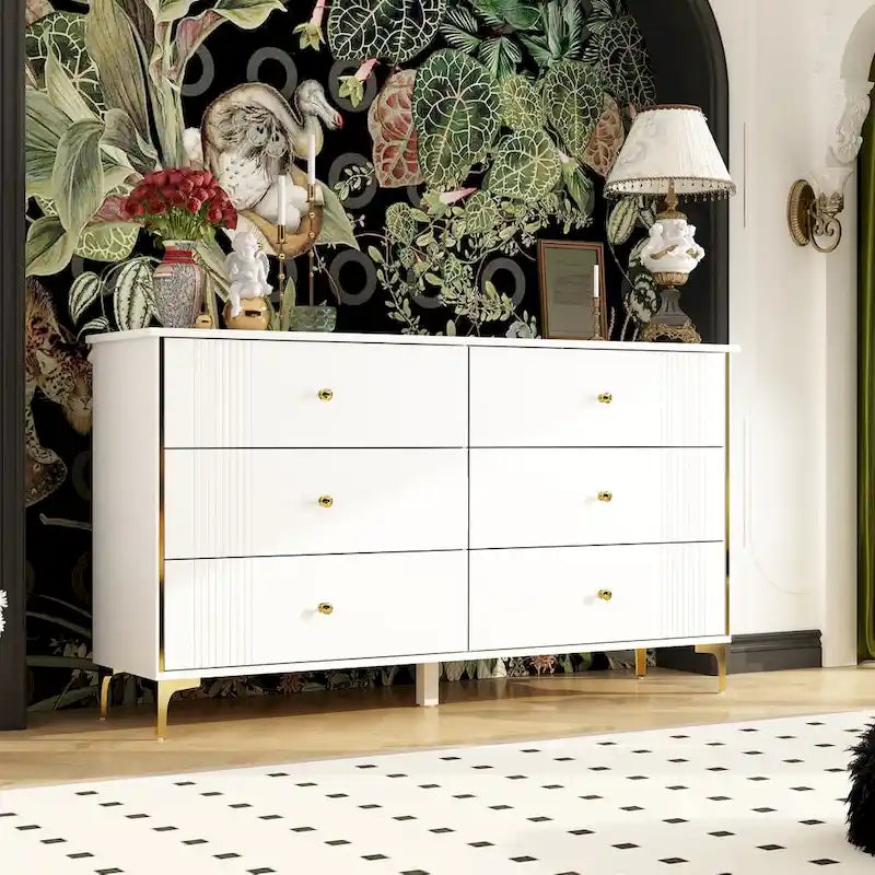 Commode blanche moderne à 6 tiroirs avec poignées dorées