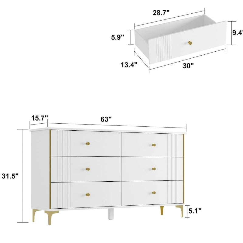 Commode blanche moderne à 6 tiroirs avec poignées dorées