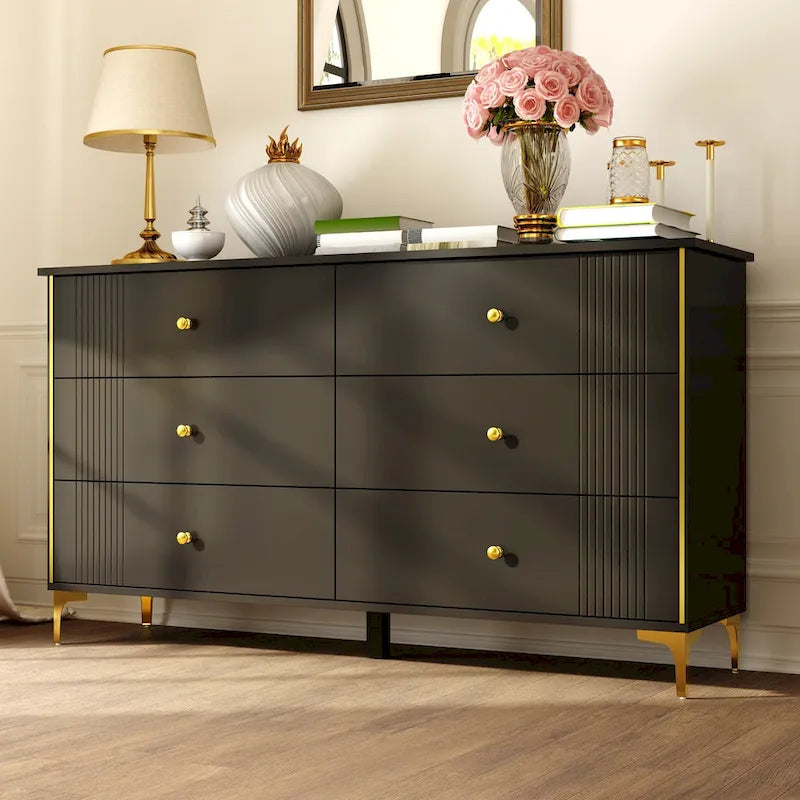 Commode blanche moderne à 6 tiroirs avec poignées dorées