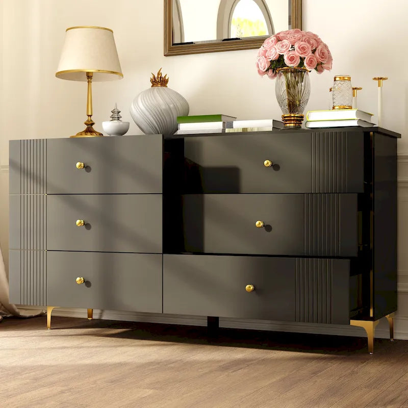Commode blanche moderne à 6 tiroirs avec poignées dorées