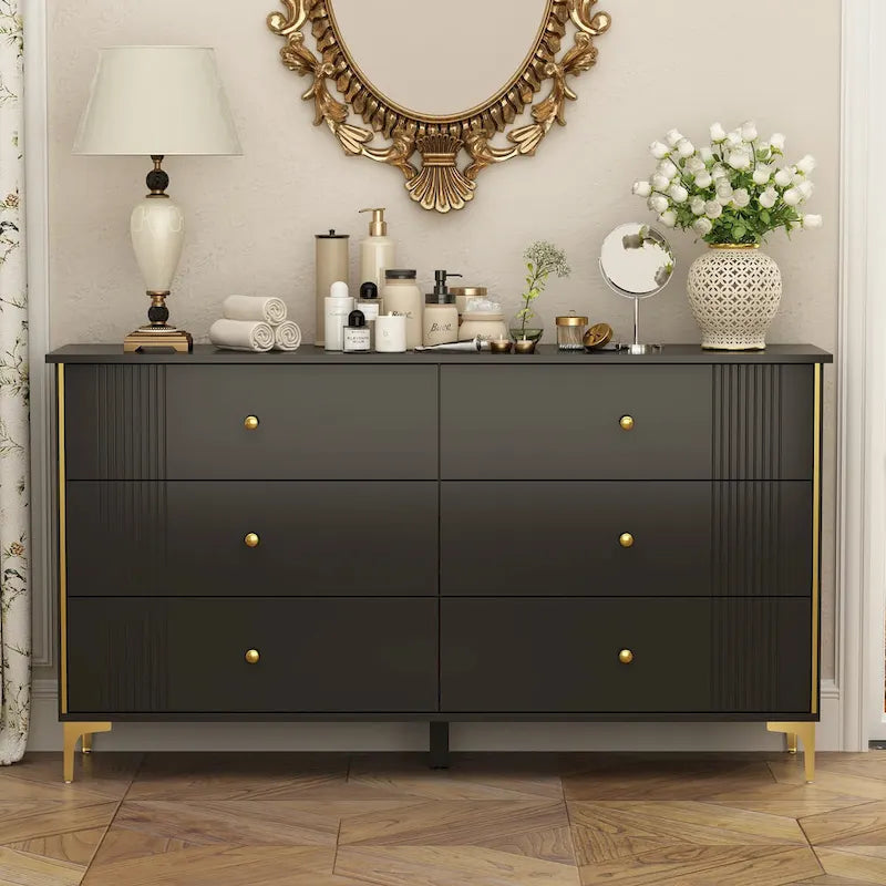Commode blanche moderne à 6 tiroirs avec poignées dorées