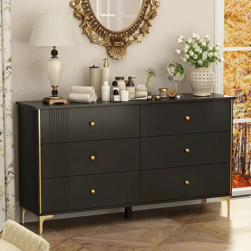 Commode blanche moderne à 6 tiroirs avec poignées dorées
