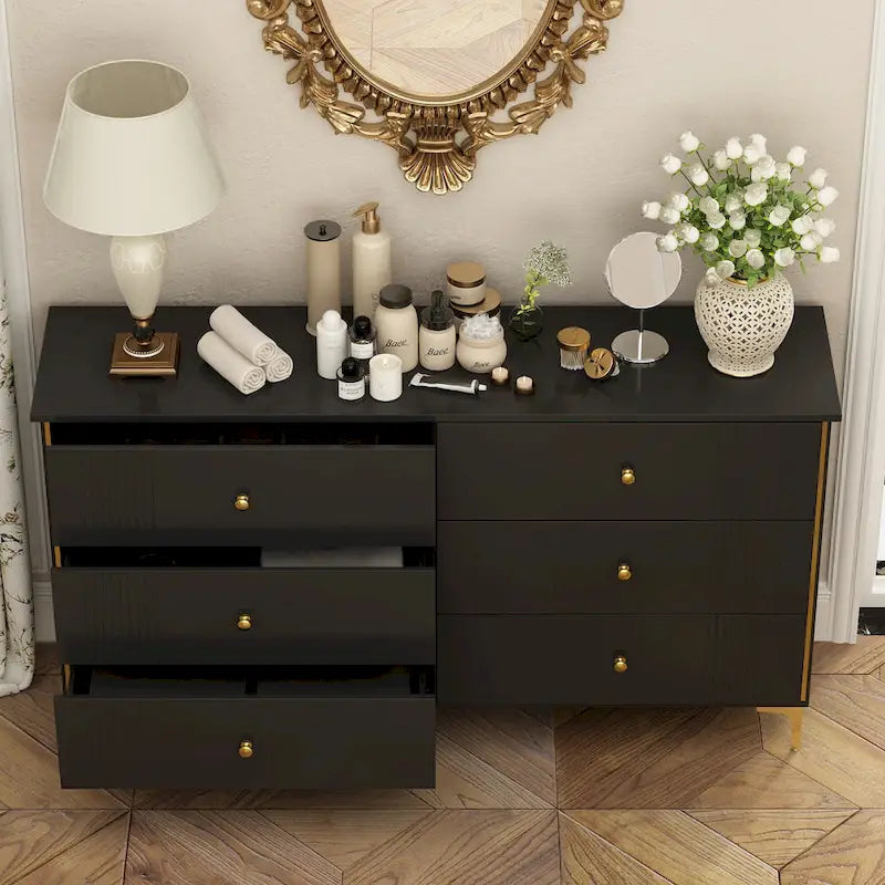 Commode blanche moderne à 6 tiroirs avec poignées dorées