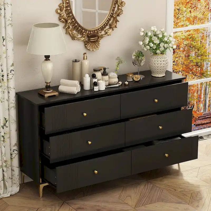 Commode blanche moderne à 6 tiroirs avec poignées dorées