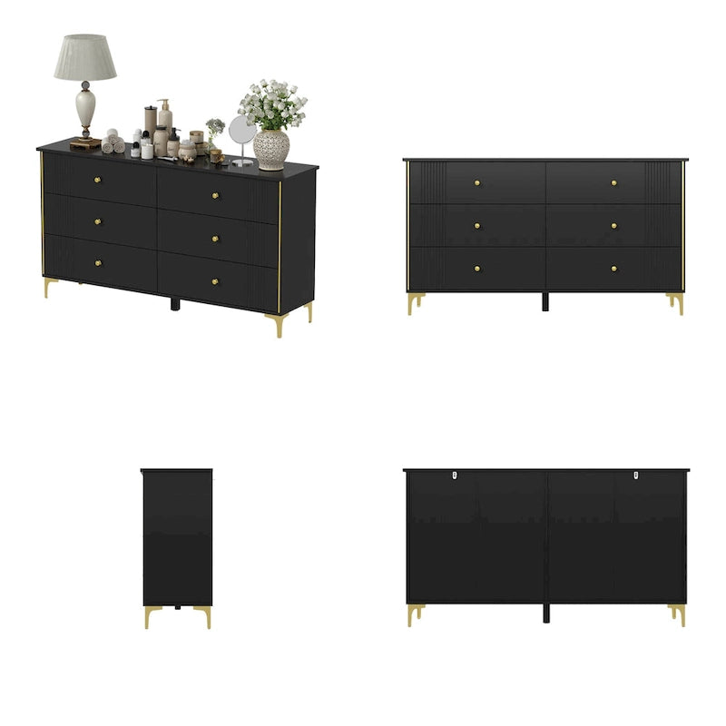 Commode blanche moderne à 6 tiroirs avec poignées dorées
