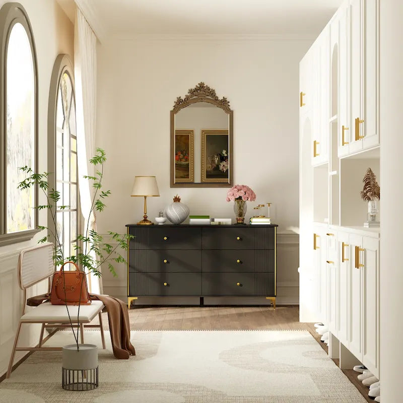 Commode blanche moderne à 6 tiroirs avec poignées dorées