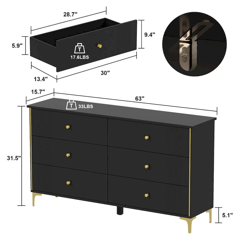 Commode blanche moderne à 6 tiroirs avec poignées dorées