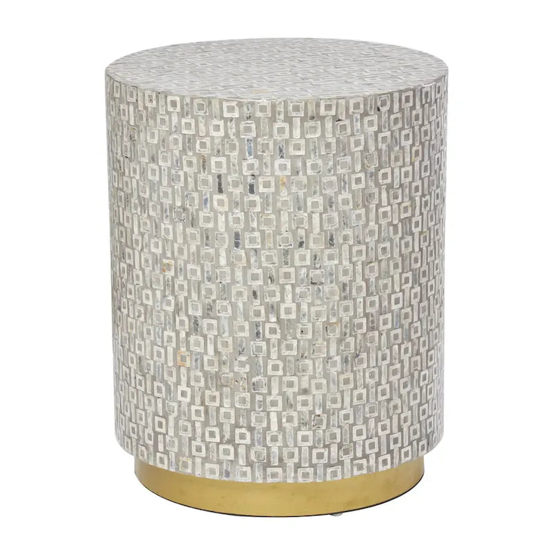 Table d’appoint en coquillage nacré avec base dorée et motif géométrique