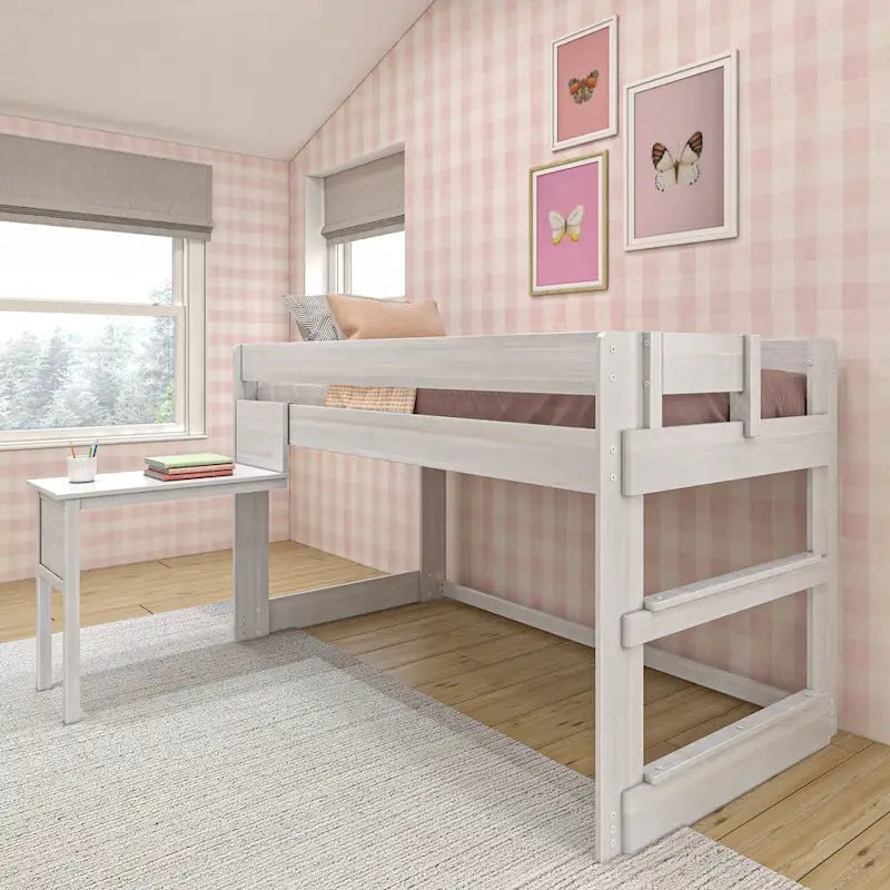 Letto soppalcato basso moderno in stile farmhouse, a una piazza, con scrivania agganciabile