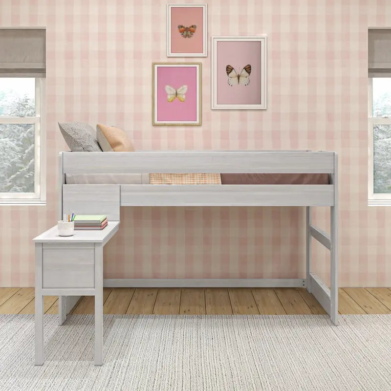 Letto soppalcato basso moderno in stile farmhouse, a una piazza, con scrivania agganciabile