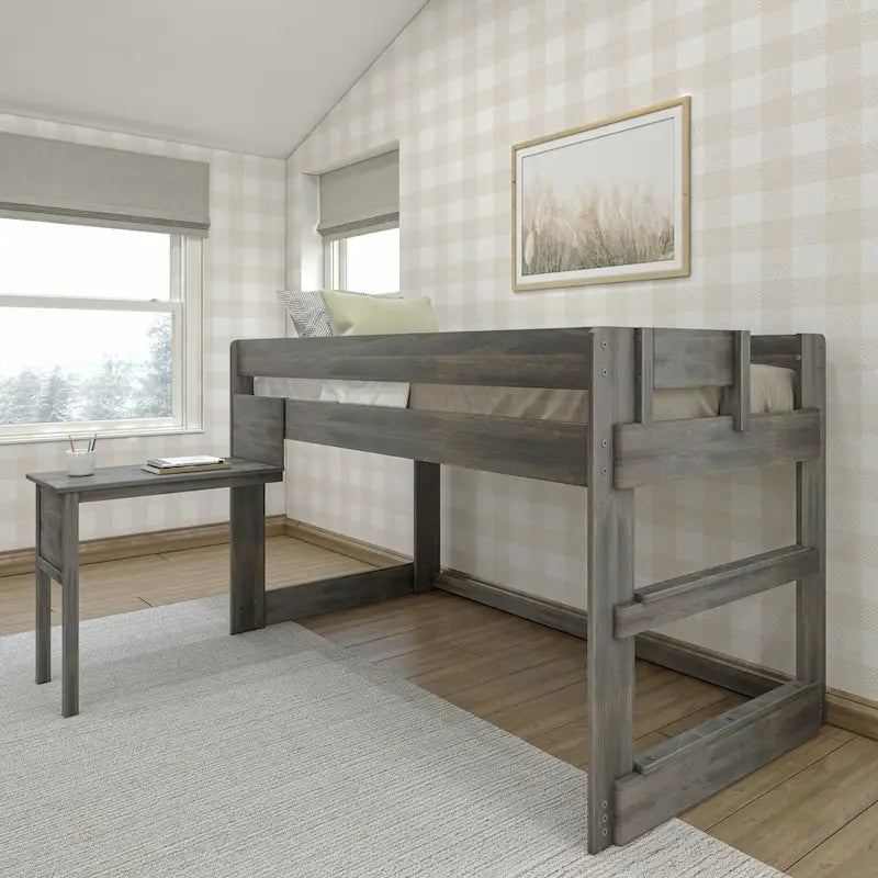 Letto soppalcato basso moderno in stile farmhouse, a una piazza, con scrivania agganciabile