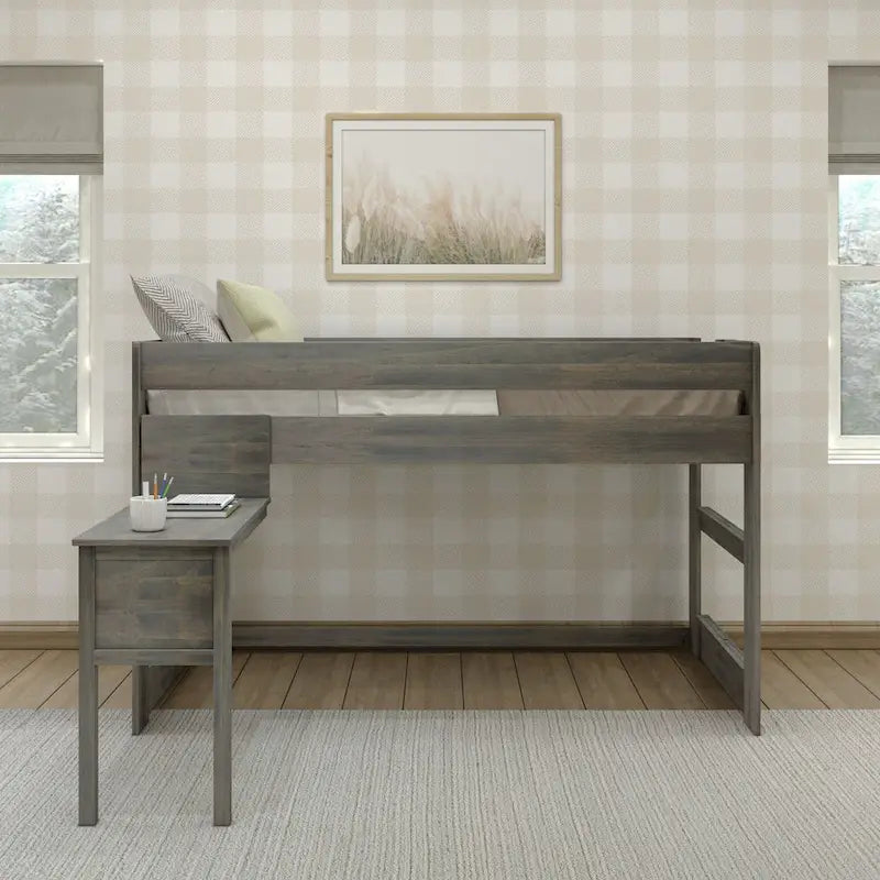 Letto soppalcato basso moderno in stile farmhouse, a una piazza, con scrivania agganciabile