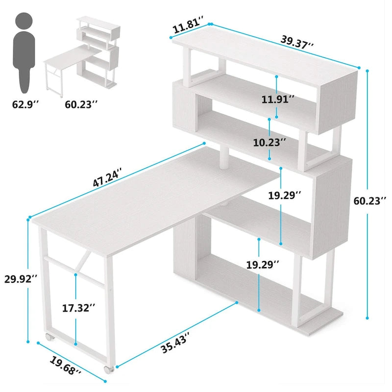 Rotating L Shaped Desk with Storage Bookshelf for Home Office