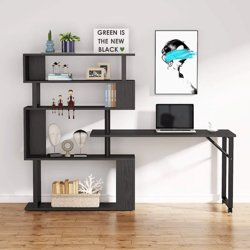 Rotating L Shaped Desk with Storage Bookshelf for Home Office