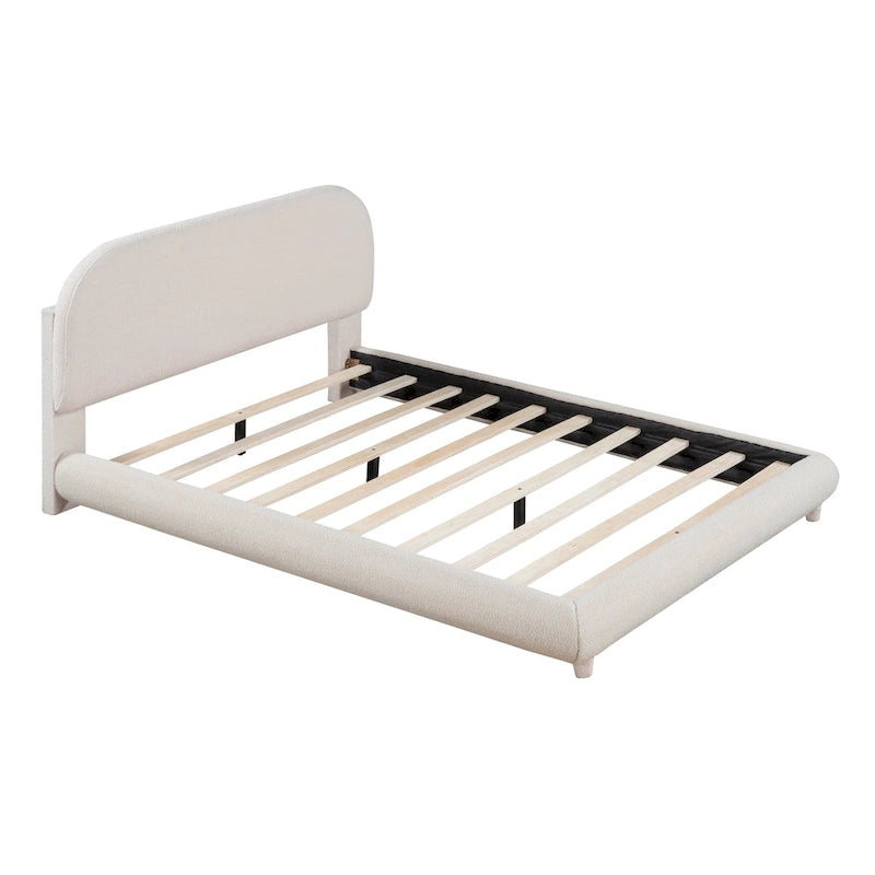 Gestoffeerd platformbed voor een tweepersoonsbed van teddyfleece met dikke stof, stevig frame en stijlvol gebogen ontwerp, beige
