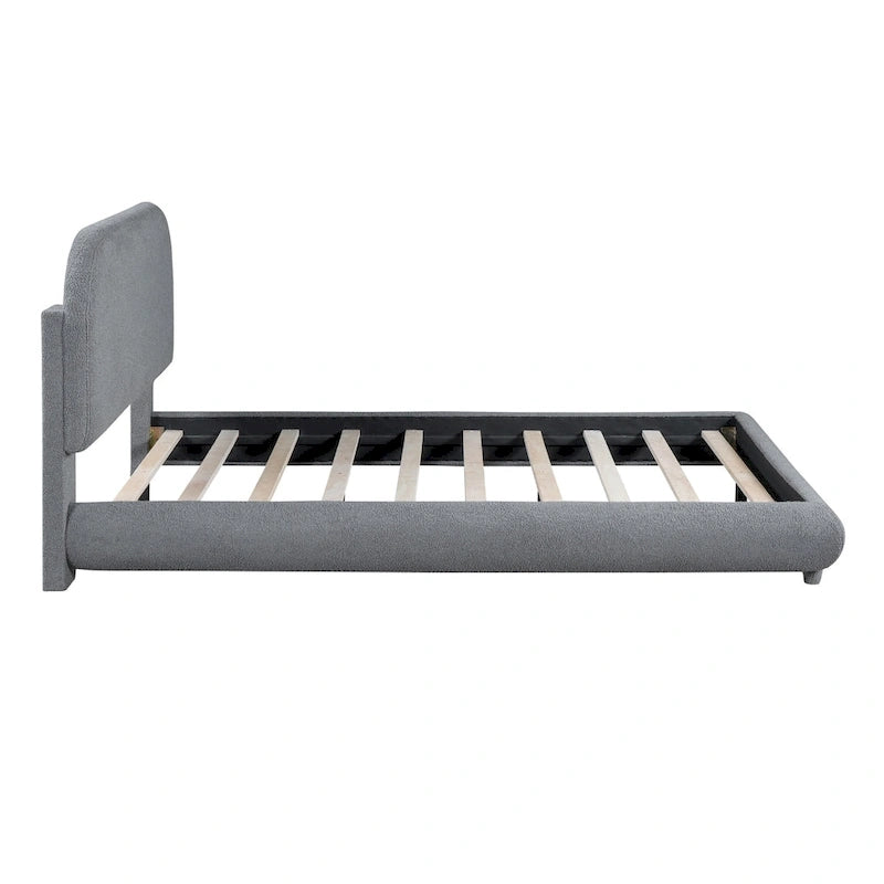 Gestoffeerd platformbed voor een tweepersoonsbed van teddyfleece met dikke stof, stevig frame en stijlvol gebogen ontwerp, beige