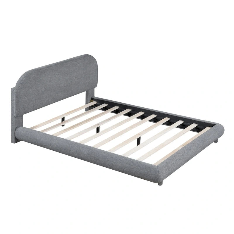 Gestoffeerd platformbed voor een tweepersoonsbed van teddyfleece met dikke stof, stevig frame en stijlvol gebogen ontwerp, beige